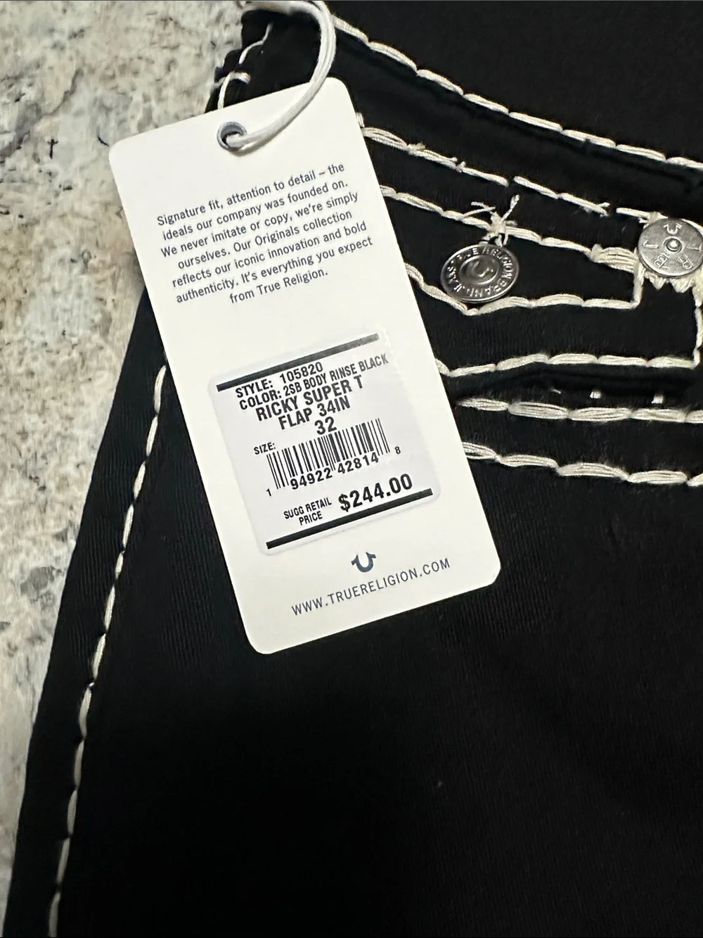 True Religion Men Black Jeans with White Contrast Stitching